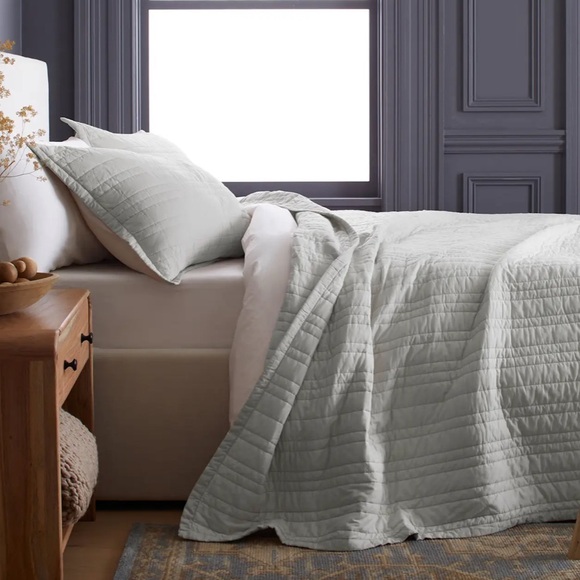 QUINCE Organic Cotton Stripe Stitch Quilt Set King/Cal King Light Grey 3766 - Picture 4 of 9